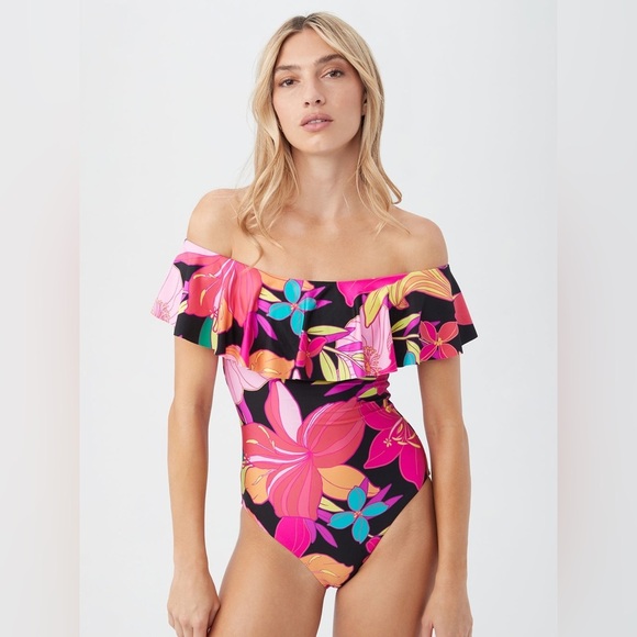 TRINA TURK SWIM Floral Off Shoulder Ruffle One Piece Swim Suit - Picture 4 of 14